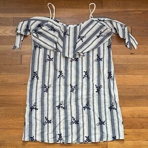 [MISA] Nicolette Cotton Embroidered Floral‎ Off Shoulder Mini Dress Stripe M